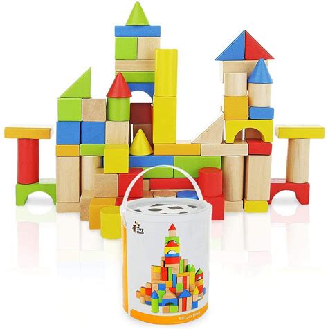 Wooden Building Blocks Set 100 Pc For Toddlers Preschool Age