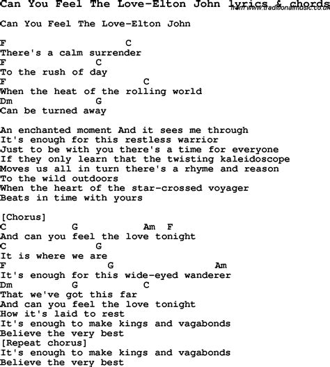 Love Song Lyrics For Can You Feel The Love Elton John With Chords