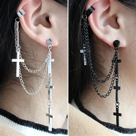 1pcs Vintage Punk Metal Cross Tassel Ear Cuff Earrings For Women Hip