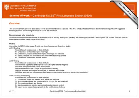 Scheme Of Work Cambridge Igcse First Language English 0500 Overview