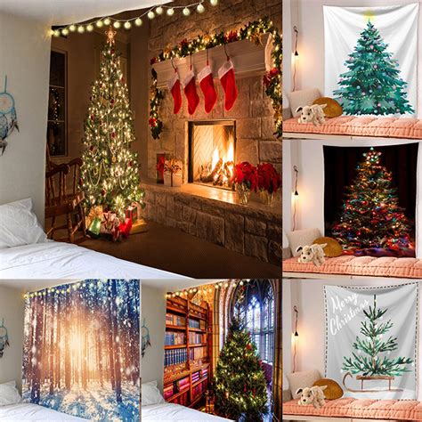 Wall Mounted Tapestry Merry Christmas Christmas Tree Reindeer Fireplace