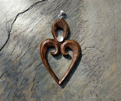 Carved Wood Pendant With Moonstone Walnut Silver Wood Jewelery Wood