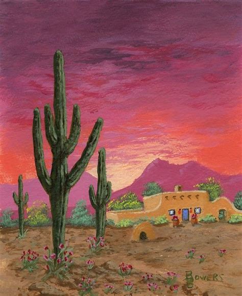 A Painting Of A Desert Scene With A House And Cactus