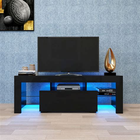 Black Tv Stand With Led Rgb Lights Flat Screen Tv Cabinet Gaming