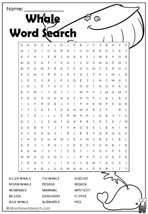 Whale Word Search Monster Word Search