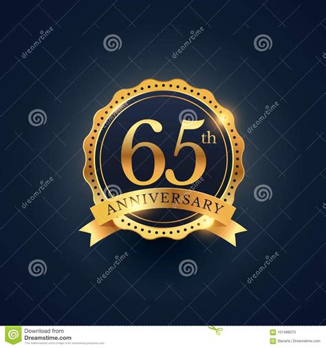 65th Anniversary Celebration Badge Label In Golden Color Stock Vector