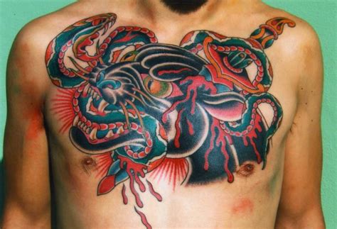 Skull, tattoo, dagger, sailor, jerry, panther, swallow. Snake Chest Old School Dagger Panther Blood Tattoo by Rock ...