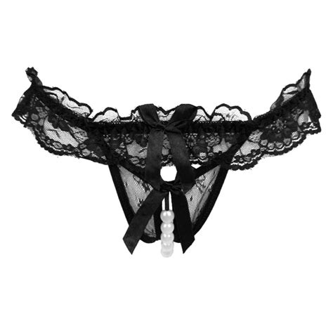 Women Sexy Lace See Through Massage Faux Pearl Briefs Panties G String