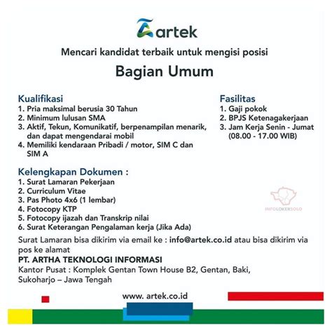 Temukan lowongan kerja pt pos dan peluang kerja sejenis yang ditemukan oleh loker.my.id. Lowongan Kerja PT Artha Teknologi Informasi Solo - INFO LOKER SOLO