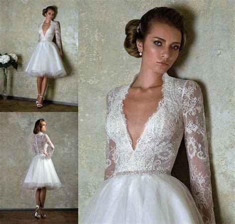 2014 New Short Custom Size Bridal Gown V Neck Lace Long