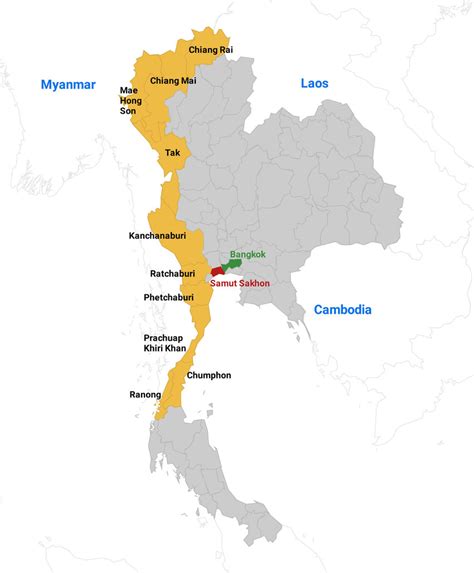 Map Of Thailand Borders And Samut Sakhon Province The Yellow Shade Are