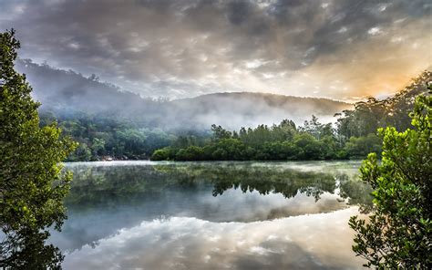 Nature Landscape Mist Sunrise Lake Hill Trees Water Reflection