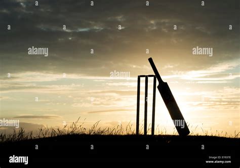 Cricket Bat And Stumps At Sunset Silhouette Stock Photo Alamy