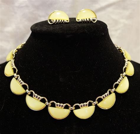 Coro Lemon Yellow Thermoset Lucite Necklace Earrings Set Semi Circles