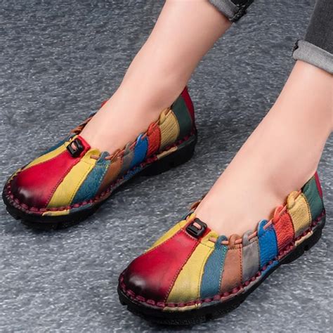 Retro Multi Color Sewing Leather Slip On Adjustable Belt Flat Loafers