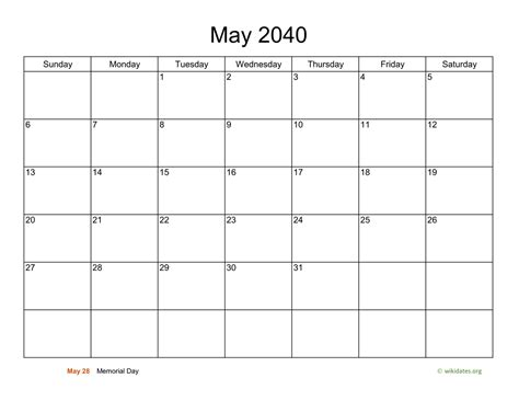 Basic Calendar For May 2040
