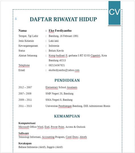 Contoh Daftar Riwayat Hidup Yang Benar Untuk Lamaran Kerja