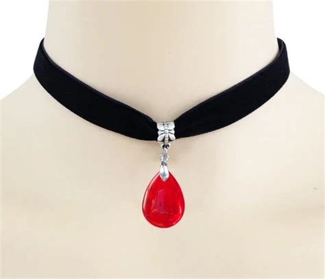 Black Velvet Necklace Ribbon Choker Red Crystal Gem Pendant Glass Water Drop Jewelry Gothic
