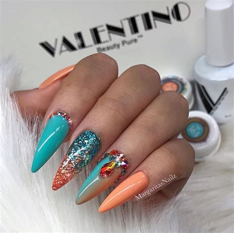 Mint Green And Coral Ombré Nail Art Design Spring Stiletto Nails