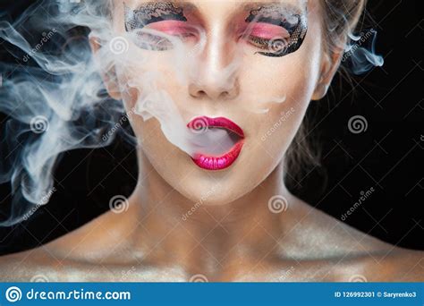 Halloween Portrait Of Young Beautiful Girl With Make Up E Cigarette