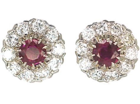 Art Deco 18ct White Gold Ruby Diamond Cluster Earrings 509P The