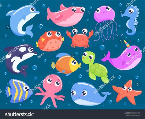 Cute cartoon sea animals vector illustration. #Ad , #spon, #sea#cartoon