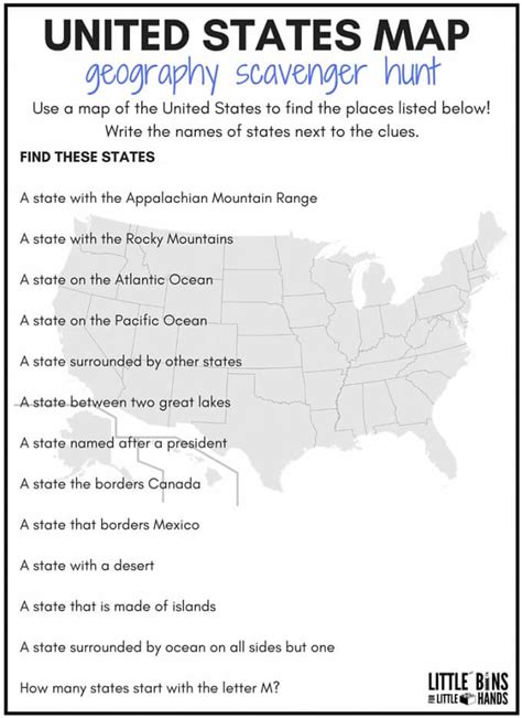 Quiz with 20 trivia questions concerning the usa, suitable for most students (and for anyone who likes quizzes really). Geography Scavenger Hunt United States Activity