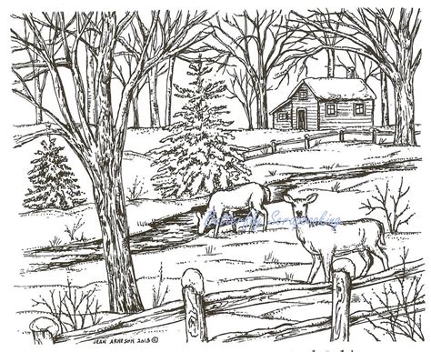 Calgary flames coloring pages appliedprint co. Winter Deer Cabin Scene Wood Mounted Rubber Stamp ...