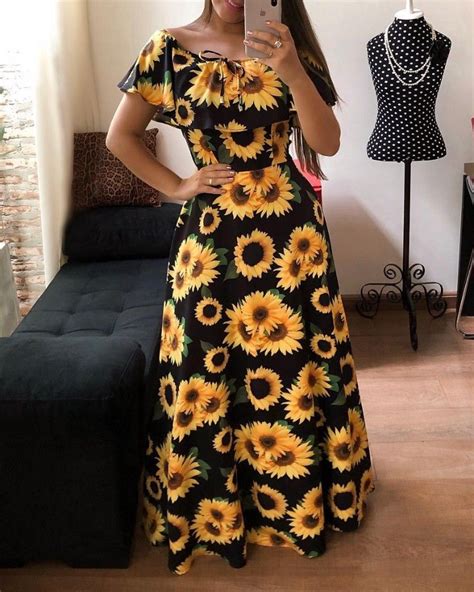 Shop Off Shoulder Sunflower Print Maxi Dress Right Now Get Great Deals