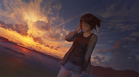 Hd Wallpaper Beach Sunset Anime Girls Sunlight Sky Outdoors