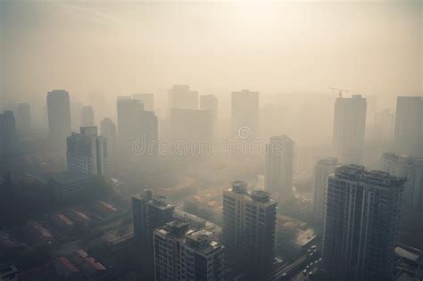Close Up Of Polluted City Skyline With Smog And Haze Obscuring The
