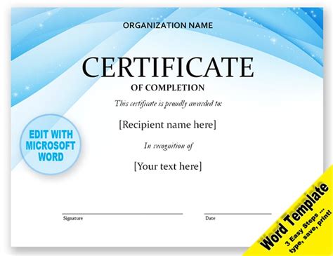 Certificado De Plantilla De Word Editables Imprimible Etsy