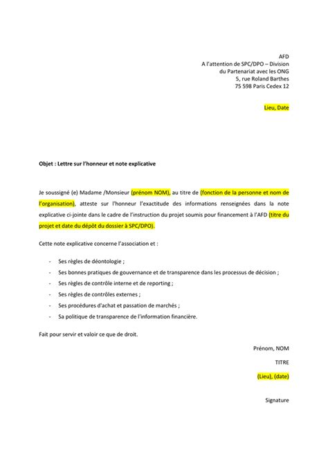 Modelé de lettre sur lhonneur et note explicative DOC PDF page