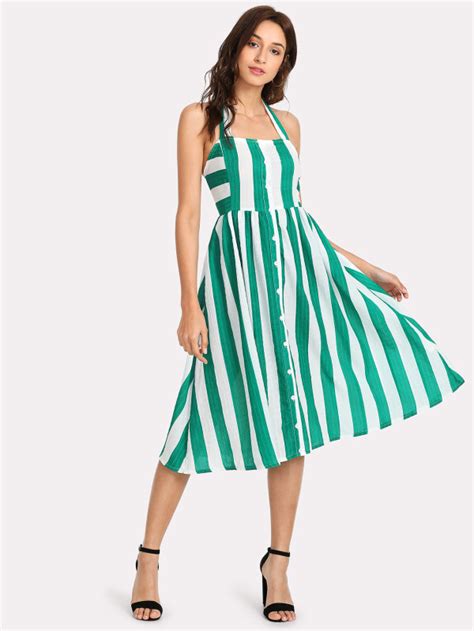 Green Striped A Line Dress