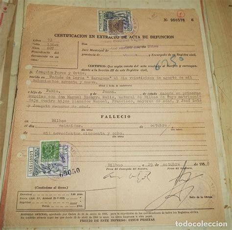 1958 Certificado Acta Defunción Certificado D Comprar En