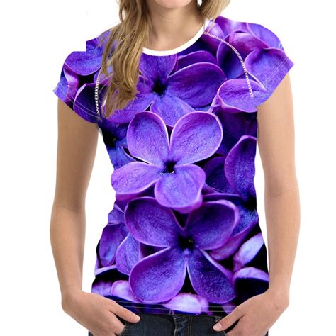 Purple Lilac 3d Flower Printing Women T Shirts Fitness Girls Short