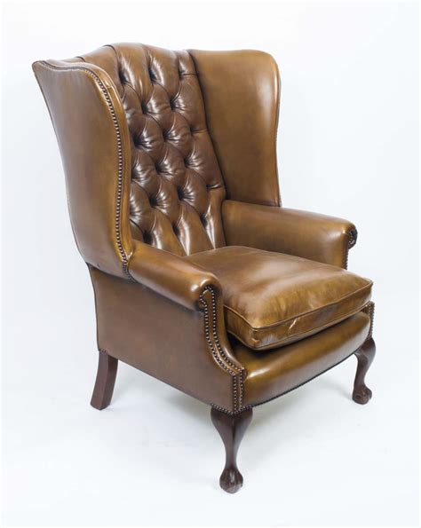 Leather Chippendale Wing Back Chair Armchair Yellow Tan Ref No 06566d
