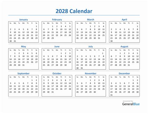 2028 Simple Yearly Calendar Pdf Excel Word