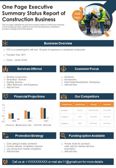 One Page Executive Summary Status Report Of Construction Business