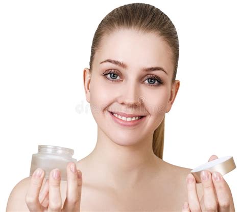 Beautiful Woman Holding And Presenting Cream Product Stock Image Image Of Facial Present