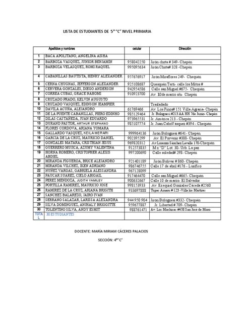 Lista De Alumnos 5°c Miriam Actualizado Pdf