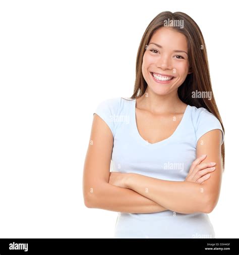Portrait Of Happy Mixed Race Asian Caucasian Woman In Light Blue T