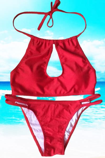 Cheap Sexy Halter Neck Hollow Out Solid Red Two Piece Bikini Swimwear