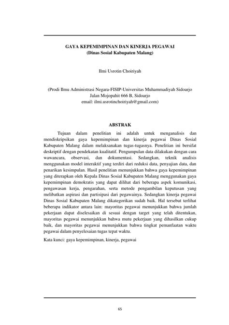 PDF Gaya Kepemimpinan Dan Kinerja Pegawai Studi Pada Dinas Sosial