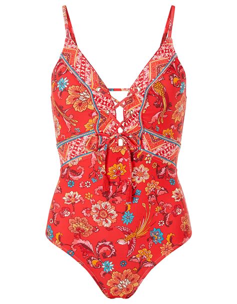 Floral Paisley Swimsuit With Recycled Fabric Red