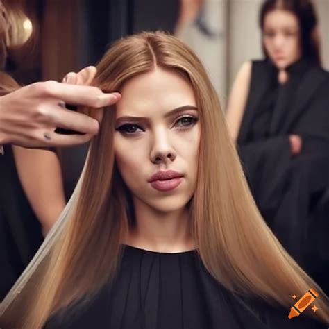 Scarlett Johansson Getting Her Hair Trimmed Backstage