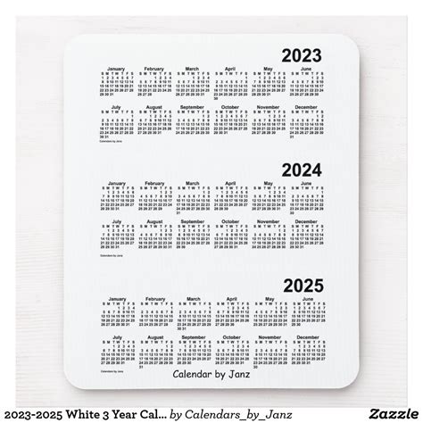 2023 2025 White 3 Year Calendar By Janz Mouse Pad Zazzle Custom