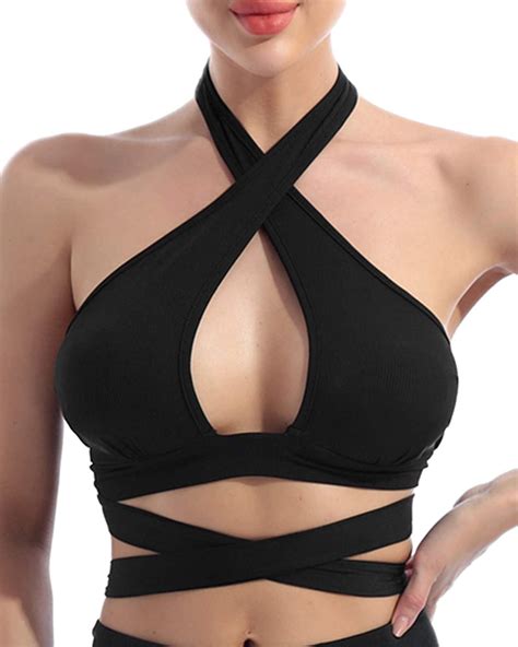Freebily Women S Criss Cross Halter Neck Cutout Top Tie Backless Wrap Crop Top Amazon Ca