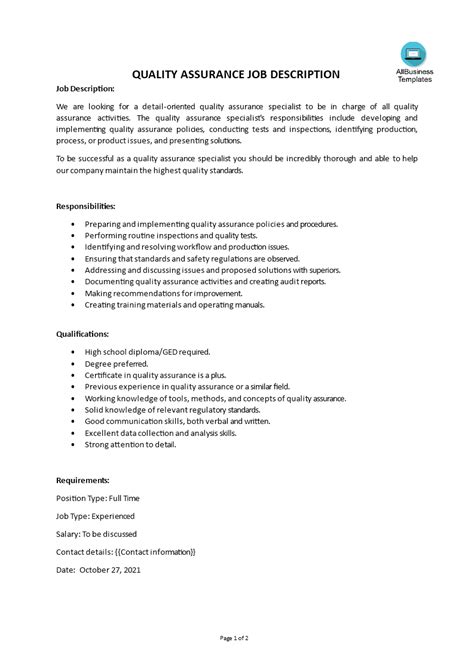 Gratis Quality Assurance Job Description