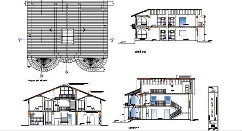 Residential Bungalow All Sided Section And Cover Plan Cad Drawing